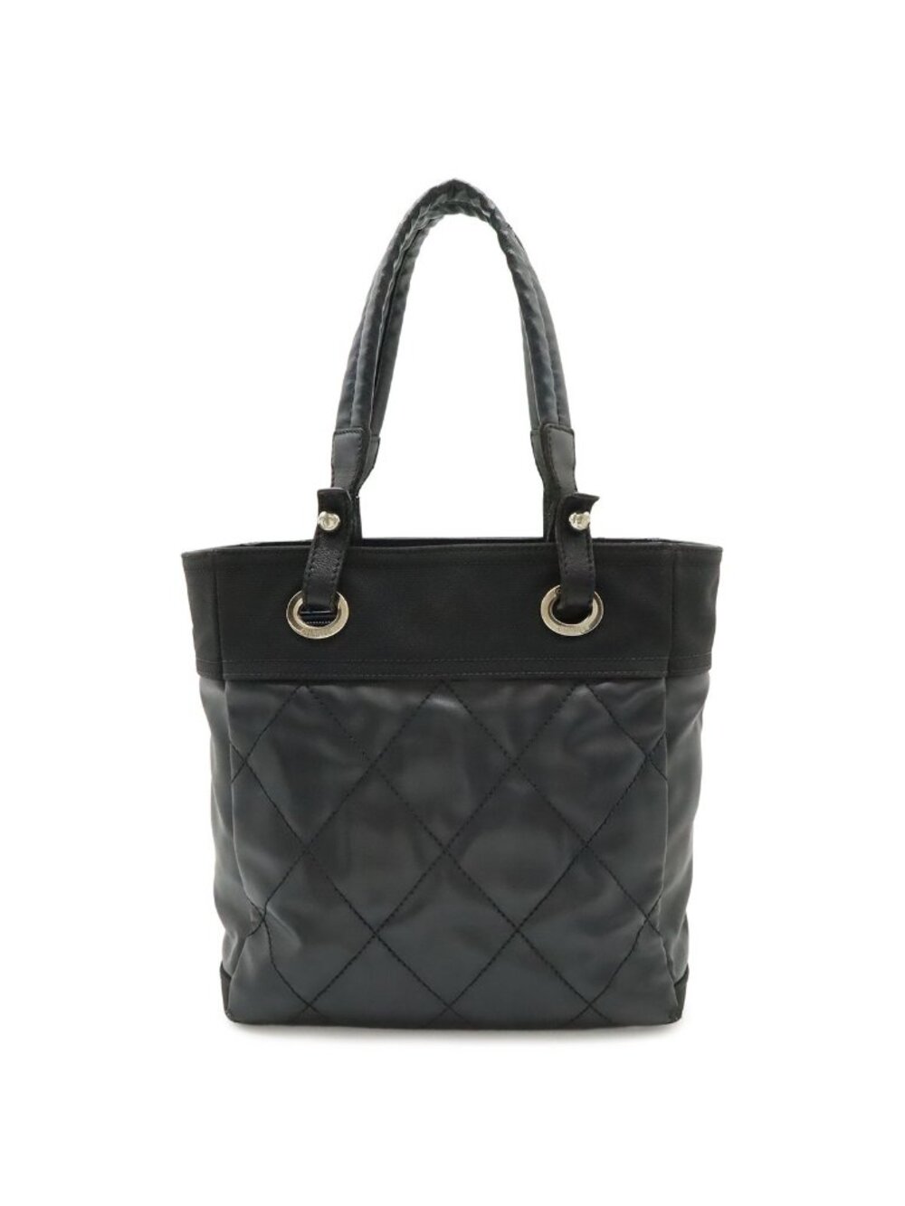 Chanel Paris Biarritz Tote PM Shoulder Bag Satin Black Silver